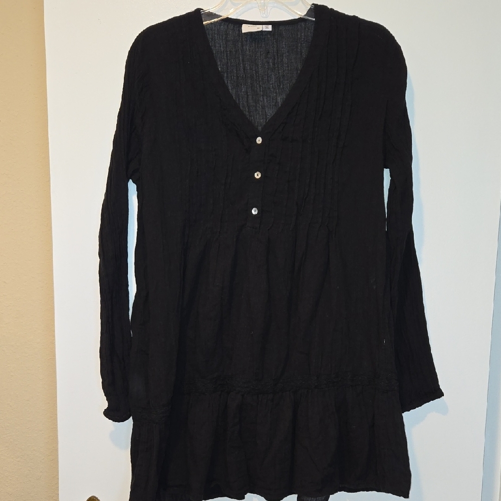 Jacqueline de Yong Black Long Sleeve Gauzy Front Button Bodice Mini Sheer Dress
